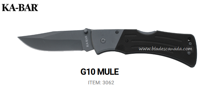 Ka-Bar Mule Folding Knife, Clip Point, G10 Black, Ka3062